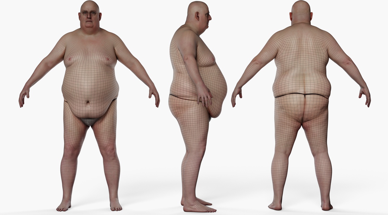 Wireframe topology overlay on a heavy-set male 3D body scan showing clean quad mesh edge loops across the full figure